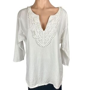 Hot Cotton White Top Blouse Sz M Crochet Neckline 3/4 Sleeve V-Neck 100% Cotton